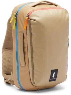 cotopaxi Tan Backpack with Blue Zipper and Multicolor Pulls